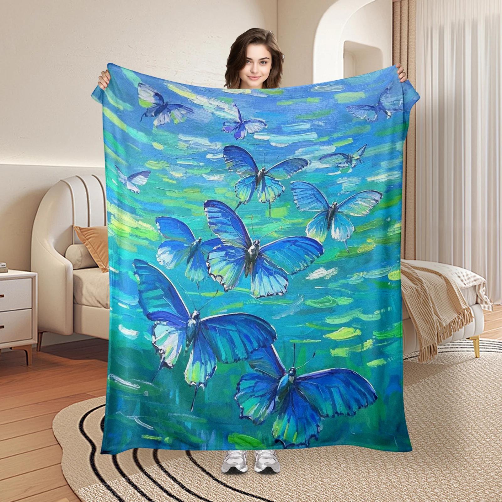 

Oil Painting Sea Butterfly Blue Green Ocean Blanket For Whimsical Marine Themes And Artistic Home Decor Design Vibes