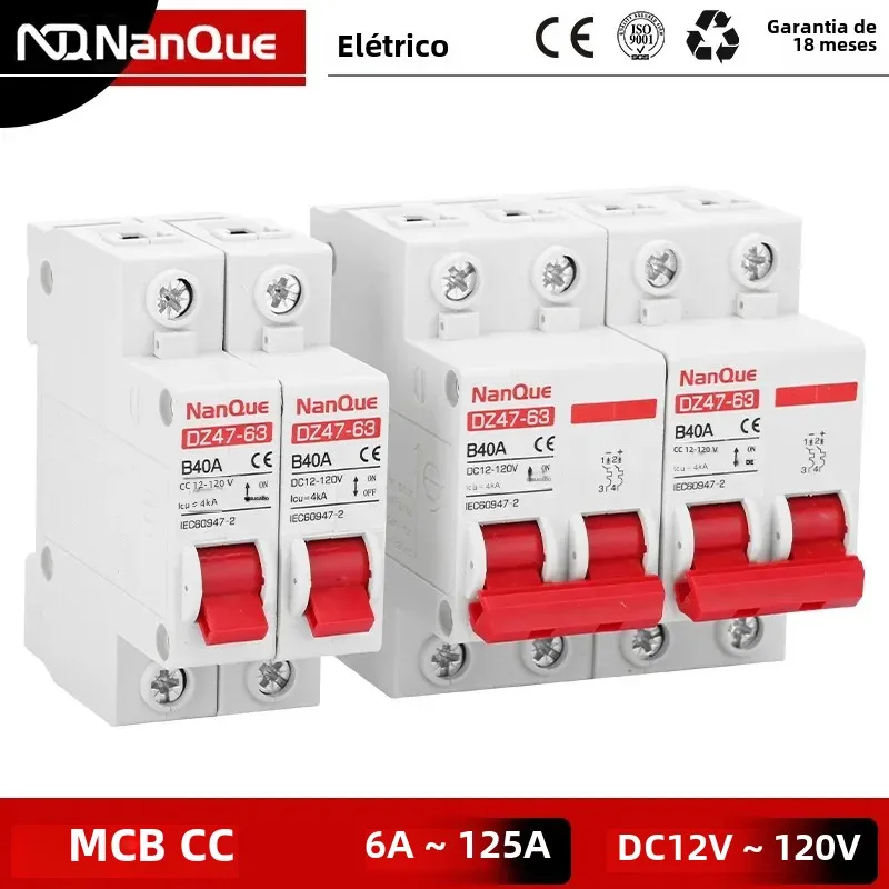 Dc mcb 12v 24v 48v 60v 110v disjuntor bateria proteger interruptor positivo negativo curto-circuito 2p 10a 20a 50a 100a 125a 150a