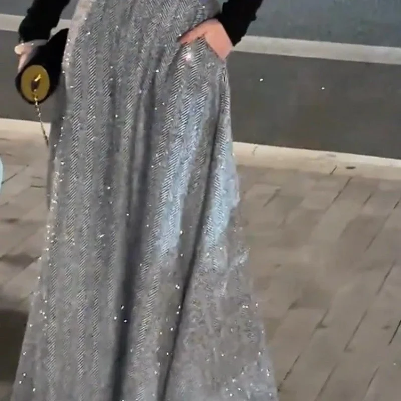 Hoog getailleerde gemarkeerde zak bedrukte verticale rechte wollen rok voor dames herfst en winter nieuwe losse afslankende zoomrok