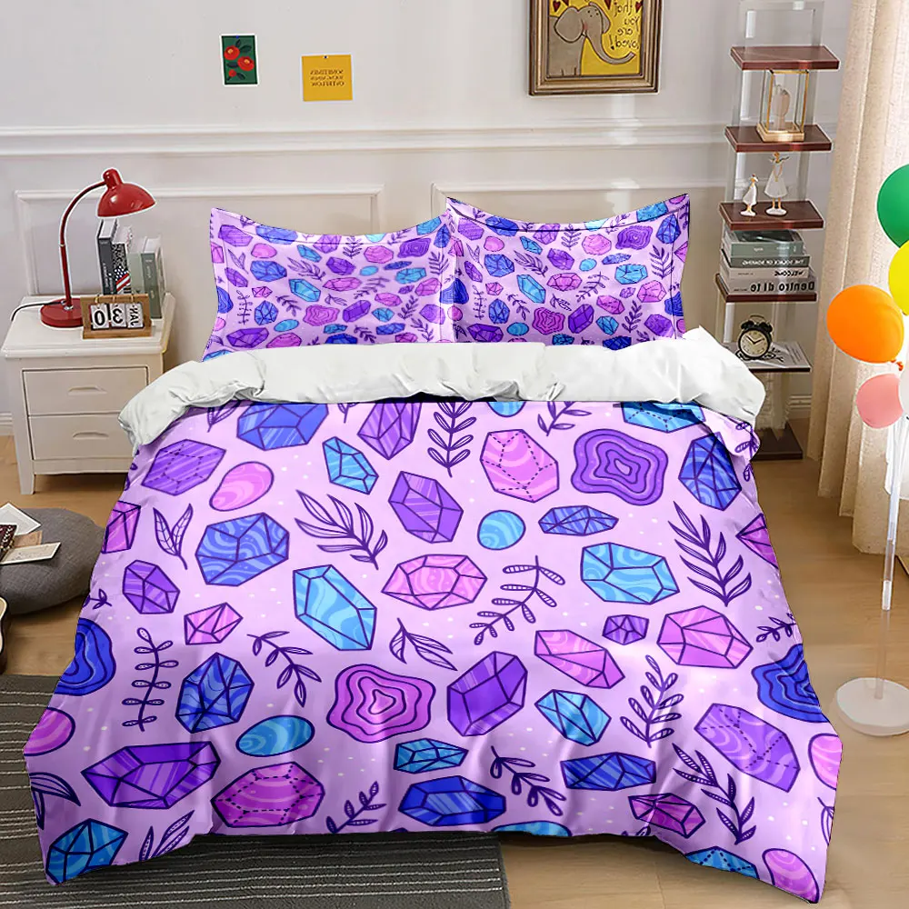 Colorful Crystals Plant Patterns Bedding Set for Kids Luxury Gift 3pcs Digital Print Comforter Set Soft Comfortable Breathable