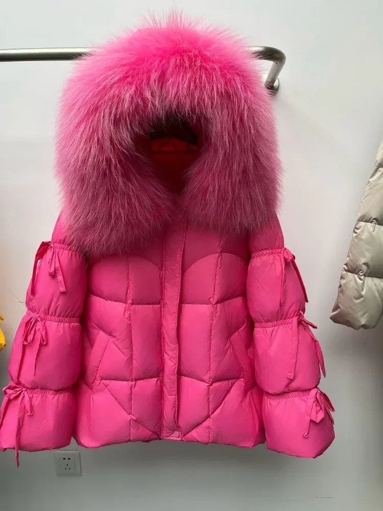Nova moda feminina roupas de inverno gola de pele de raposa natural puffer jaqueta grosso quente branco ganso para baixo casaco de pele real parker
