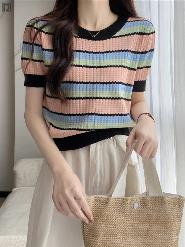 

Faionable круглая трикотажная футболка в полоску ort Sve, женская облегающая зимняя новинка, повседневный мягкий трикотажный топ