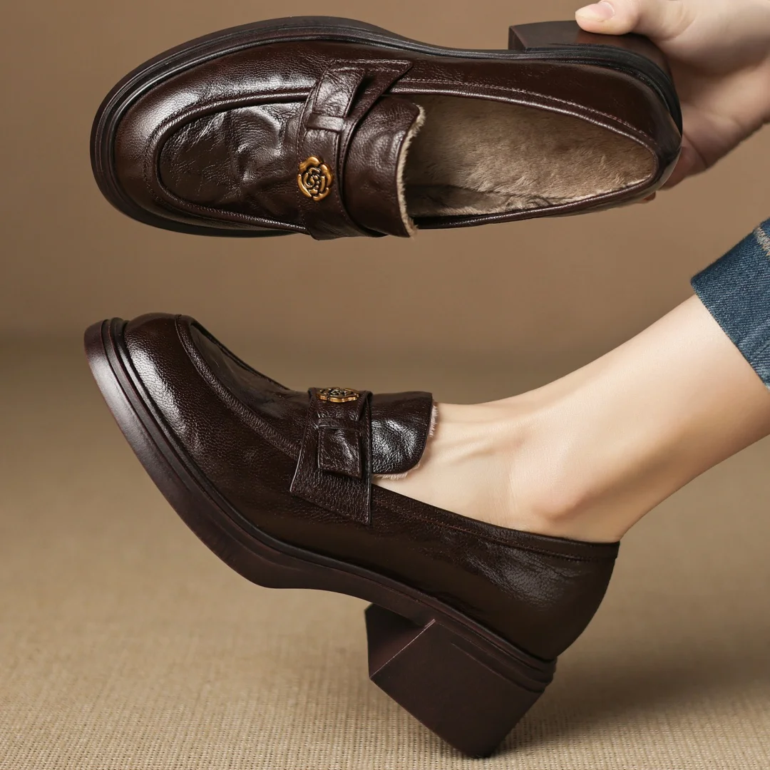 

Women's sheepskin metal buckle round toe slip-on 5cm chunky heel platform loafers warm plush high quality casual winter moccasin