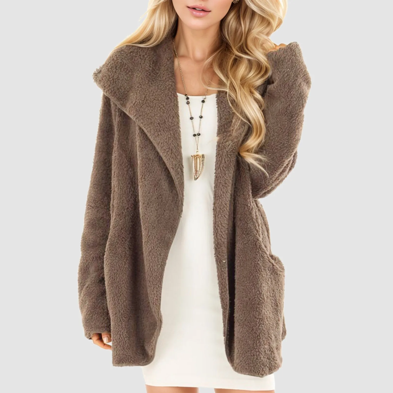 

Ladies Solid Color Plush Cardigan Coat Lapel Long Sleeve Fashion Simple Coat Autumn Winter Warm Comfortable Casual Coat