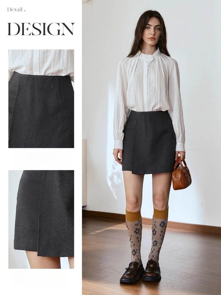 OLrain Grey French Skirt Women's A-Line Asymmetric Front Panels Seamless High Waistband Skirt 2025 Autumn Bottom O57QB000506