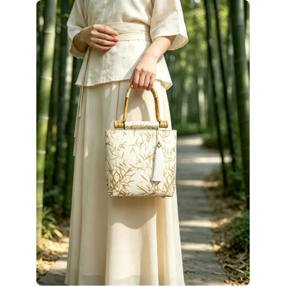Bamboo‑Joint Handle Chinese Jacquard Tote Bag Large Capacity Handbag Retro Hanfu Cheongsam Accessory Women Shoulder Underarm Bag