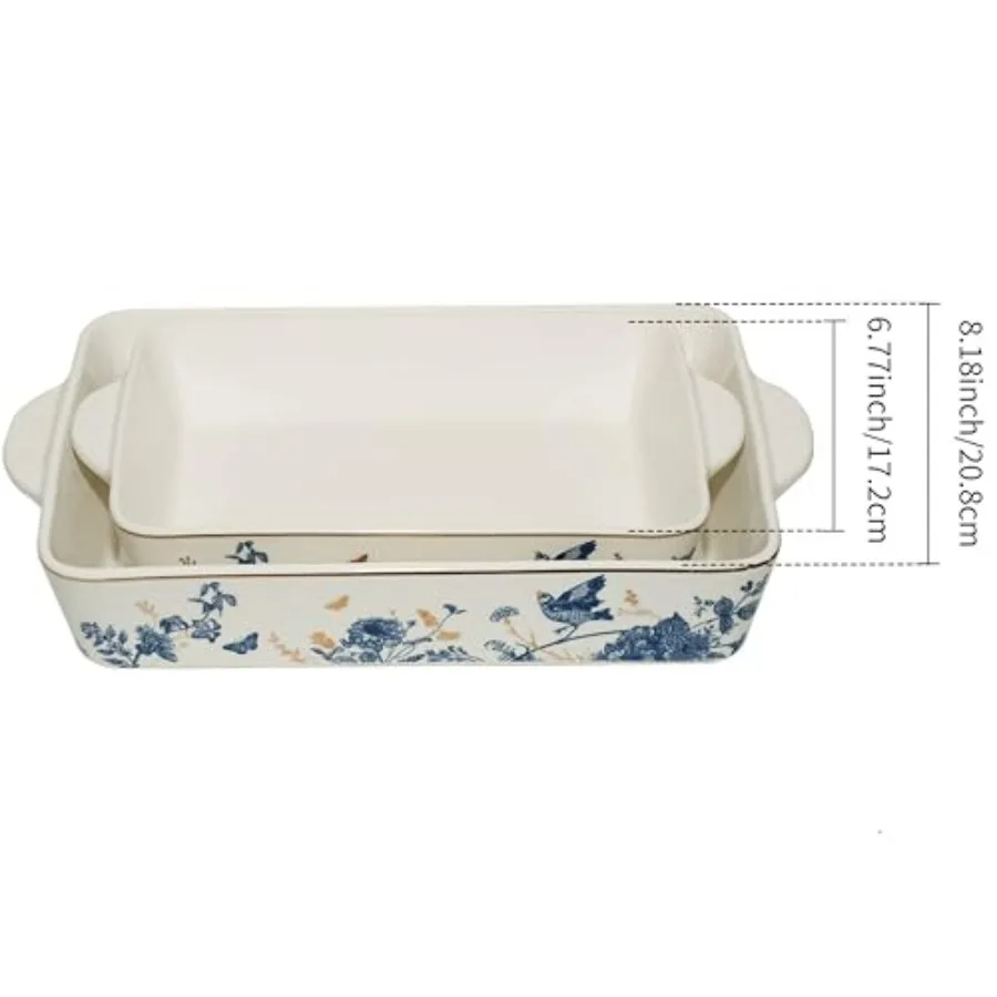 طقم مقالي خبز مكون من 2 زهرة زرقاء 14 بوصة سيراميك للفرن طقم أطباق خبز كسرول كبير مع مقابض أطقم خبز بورسلين C