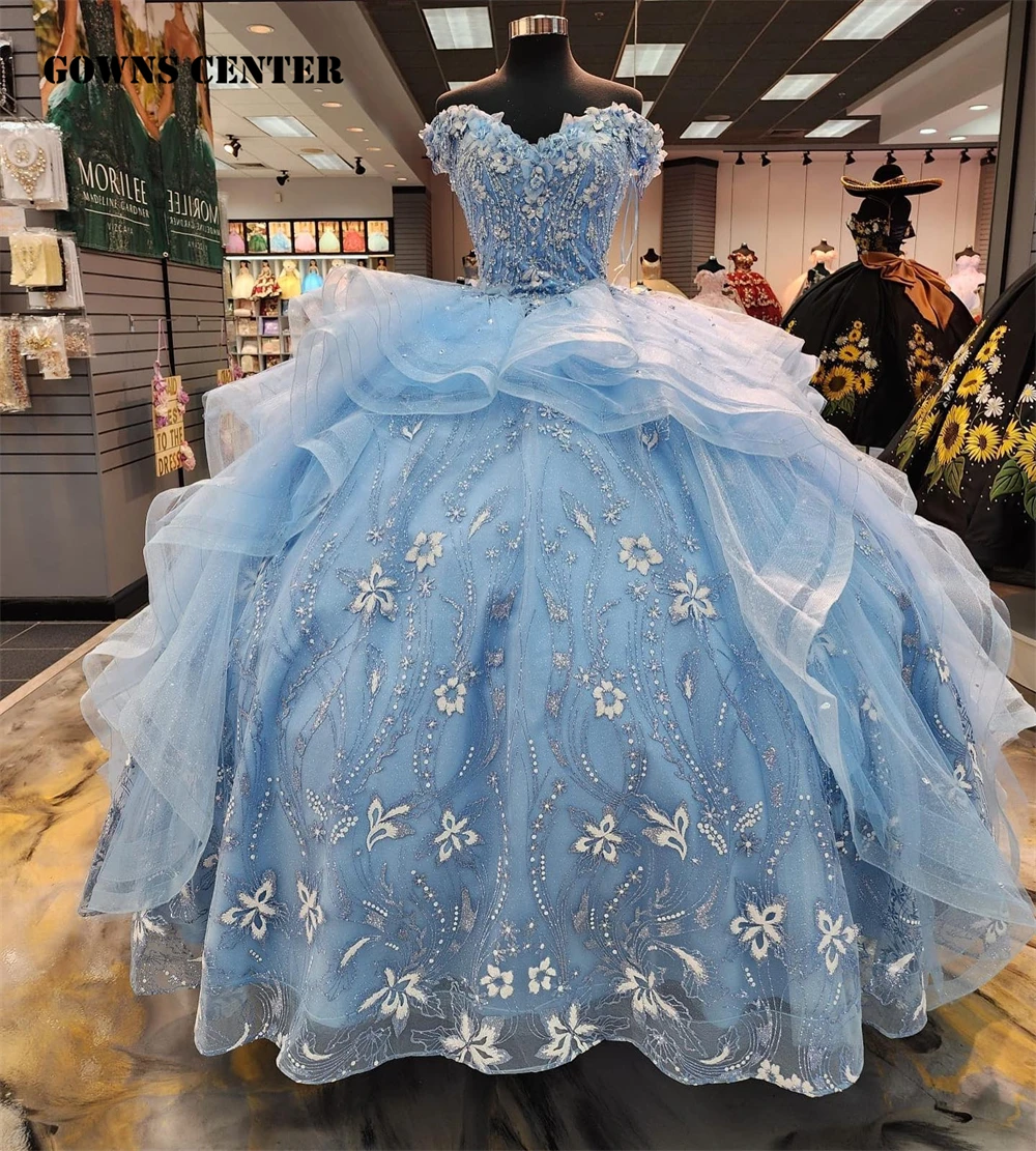 Baby Blue Ruffels 15 Dress Quinceanera 2024 Off The Shoulder Shinning Flowers Ball Gown Quince Dresses Princess Formal Occasion