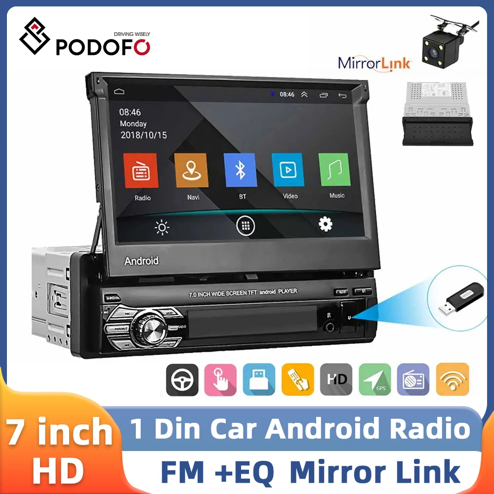 Podofo 7Inch Retractable Screen Car Radio 2+64G GPS Navigation Bluetooth 1Din Touch Screen Stereo Receiver Multimedia Player