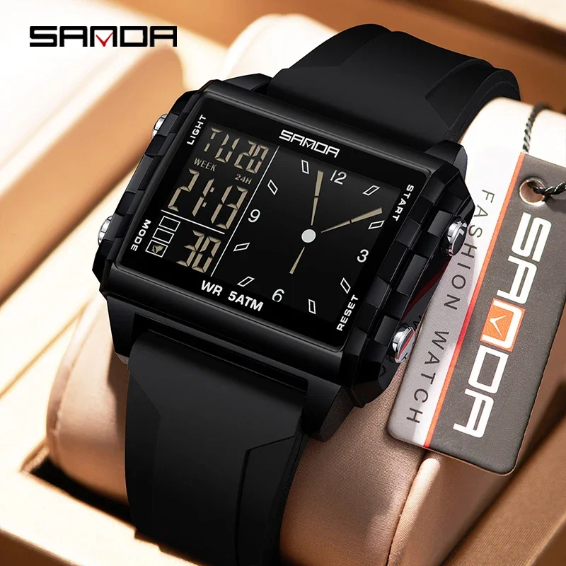 SANDAファッション メンズ レディース 電子アナログ腕時計 新型スクエアダイヤル カウントダウンタイマー 防水腕時計 LED発光デジタル メンズ腕時計