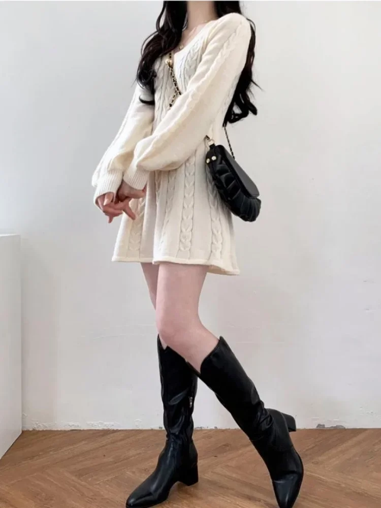 Deeptown Knit Knitted Sweater Mini Dress Women Casual Lantern Sleeve Short Dresses 2024 Spring Winter V-neck Outfits Female