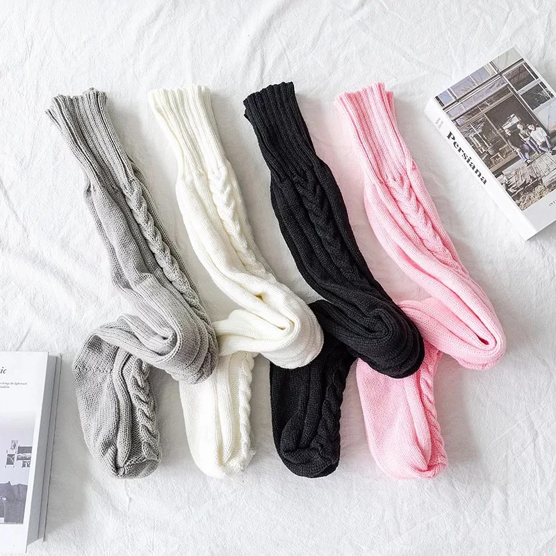 Harajuku Women Girls Wool Stockings Winter Warm Knitted Over Knee Socks Leg Warmer Female Thigh Sexy Long Stockings Leg Warmers