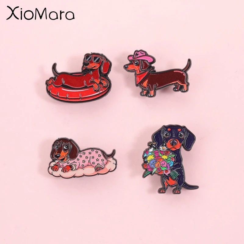 Niedliche Dackel-Emaille-Anstecknadel Cartoon-Würstchenhund-Brosche Kawaii Tier-Reversnadel Rucksack-Accessoires Geschenke für Freunde