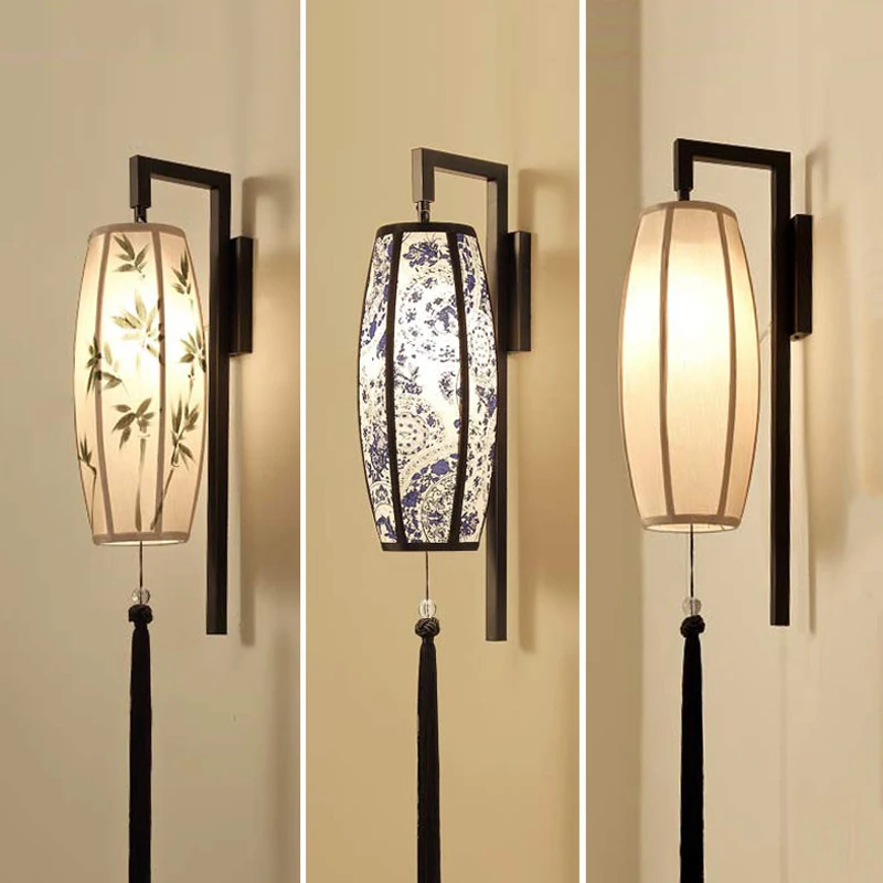 New Chinese Fabric Wall Lamp Living Room Retro Tassel Hand-Painted Bamboo Blue And White Porcelain Bedroom Bedside Lamp
