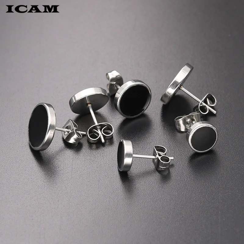 ICAM Fashion Bohemian Vintage Earrings Jewelry Cute Black Geometric Round Stainless Steel Stud Earring Best Gift for Women Girl