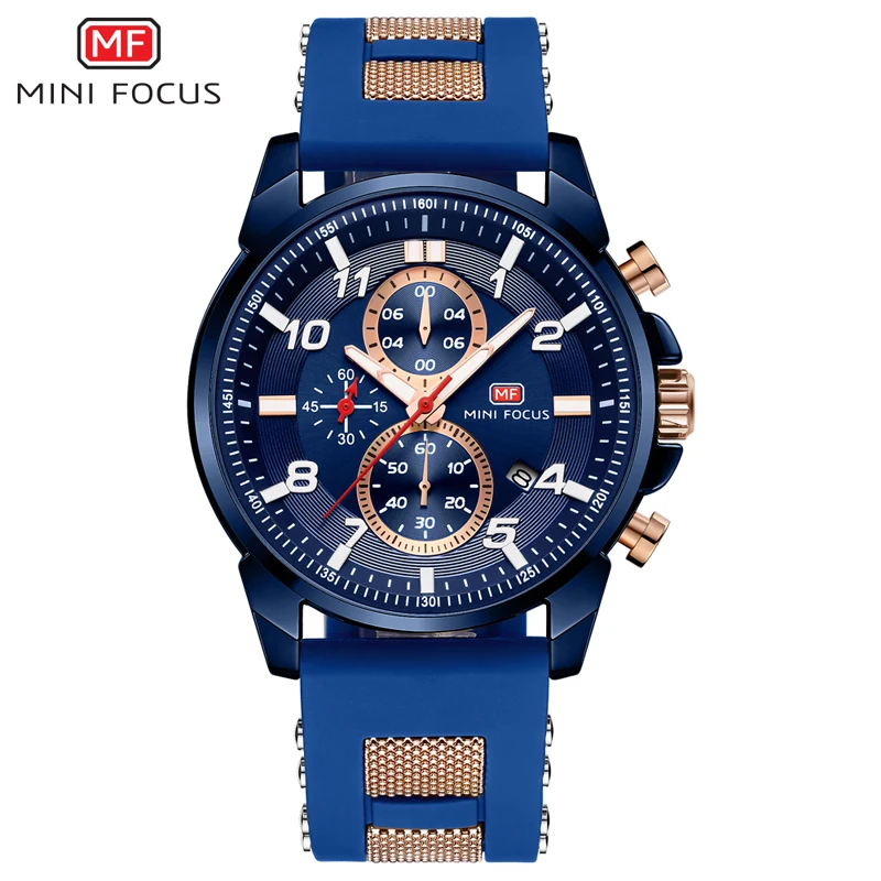 

MINI FOCUS Chronograph Quartz Watches Men Blue Silicone Army Sport Top Brand LuxuryWristwatch Man Relogios Masculino Clock 0268