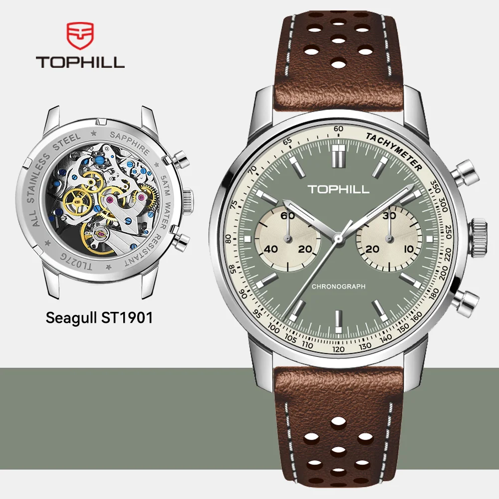 TOPHILL Reloj cronógrafo TOPHILL Reloj de piloto Seagull 1963 Reloj ST1901 Movimiento Cristal de zafiro Reloj de pulsera Militar Edición Limitada