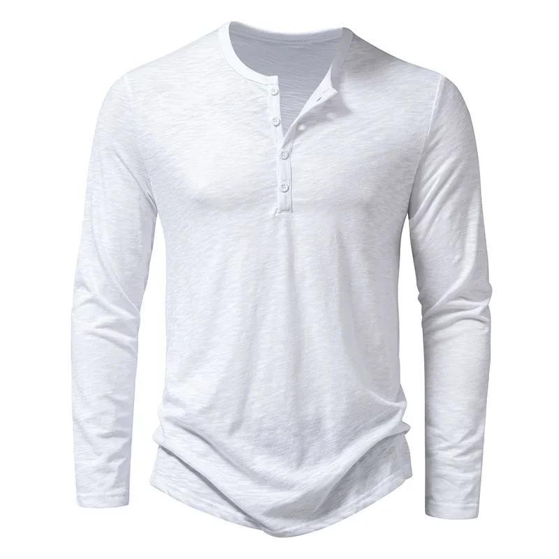 Herbst Neue männer Baumwolle Taste Langarm Henley Neck T-Shirt Casual Einfarbig Atmungsaktive Vielseitige Mode Dünne T-Shirts