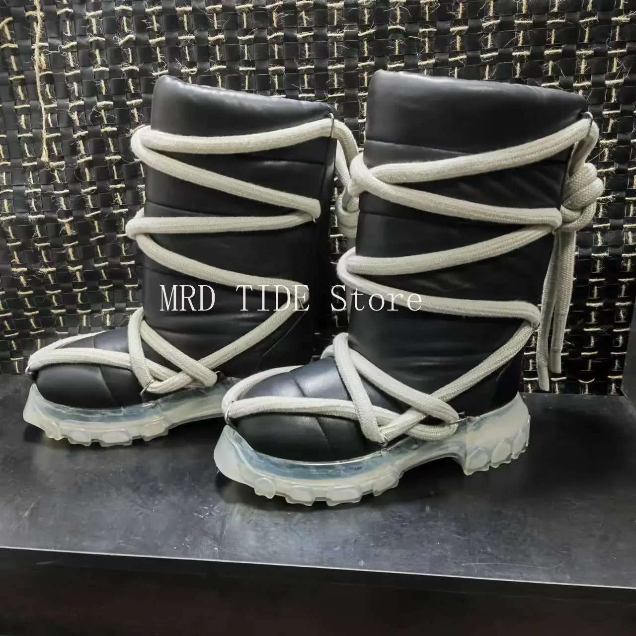 Men Women Boots Genuine Leather Lace Up Mid-Calf Owen Shoes Snow Winter Platform Increase High Street Vintage Luxury Sneakers