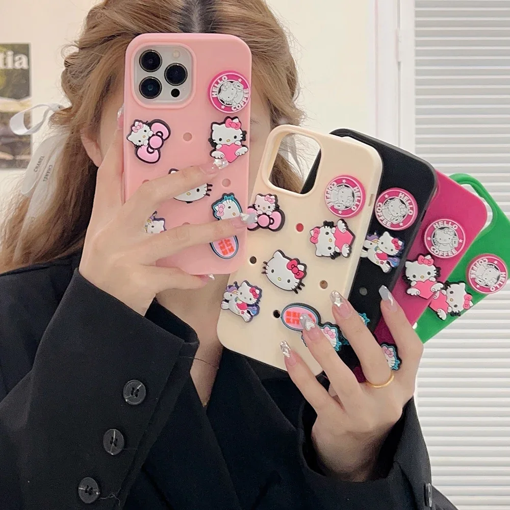 

3D Cartoon Silica gel Sanrio Hello Kitty Detachable Phone Case For iPhone 15 14 13 12 11 Pro Max Anti-drop Soft Back Cover Girl