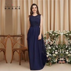 BABYONLINE Navy Blue Evening Dress Dresses for Women Elegant Sleeveless Long Maxi Lace Appqulies Chiffon Back Zipper Prom Party