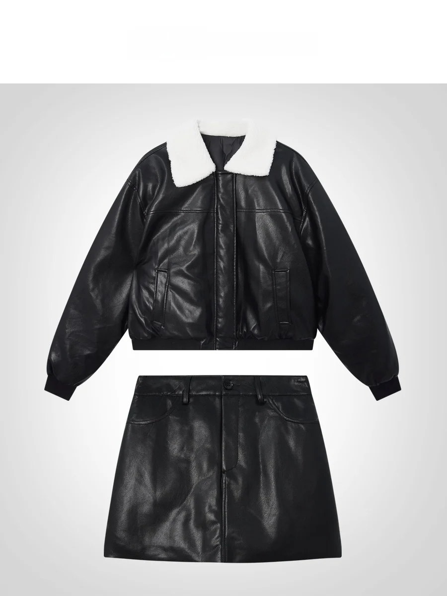 

Зимний комплект IAMCPLUS: кожаная хлопковая юбка с белым пуховым воротником и длинным рукавом для женщин, приталенный крой