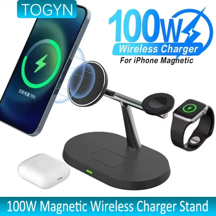 حامل شاحن لاسلكي مغناطيسي 3 في 1 100 وات من TOGYN لهاتف Magsafe iPhone 16-12 Apple Watch 8 7 Airpods Pro محطة شحن سريعة #1