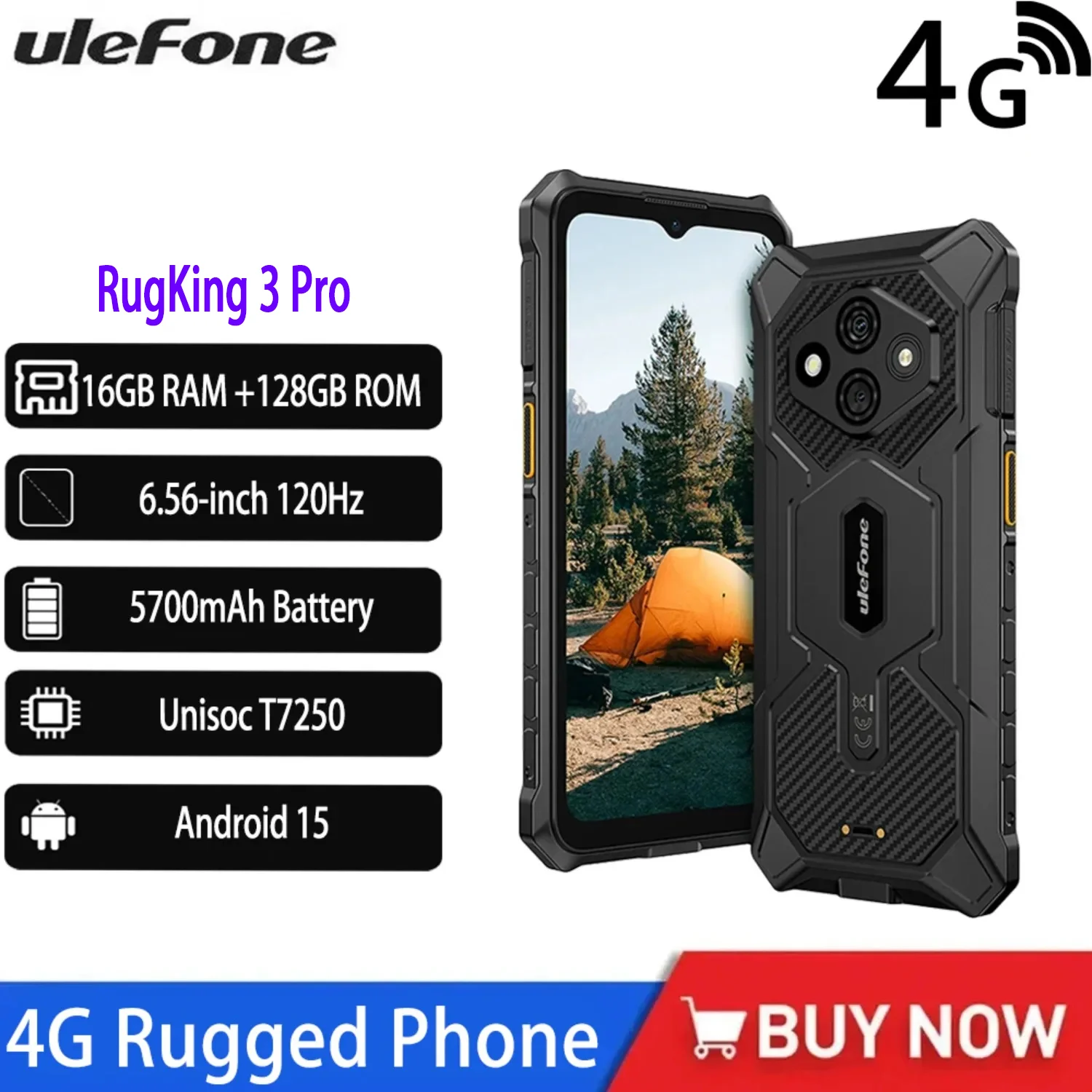 Global Ulefone RugKing 3 Pro Rugged Phone 6.56inch 120Hz 5700mAh Android 15 Up To 16GB RAM 128GB ROM NFC 4G Black/Green/Orange