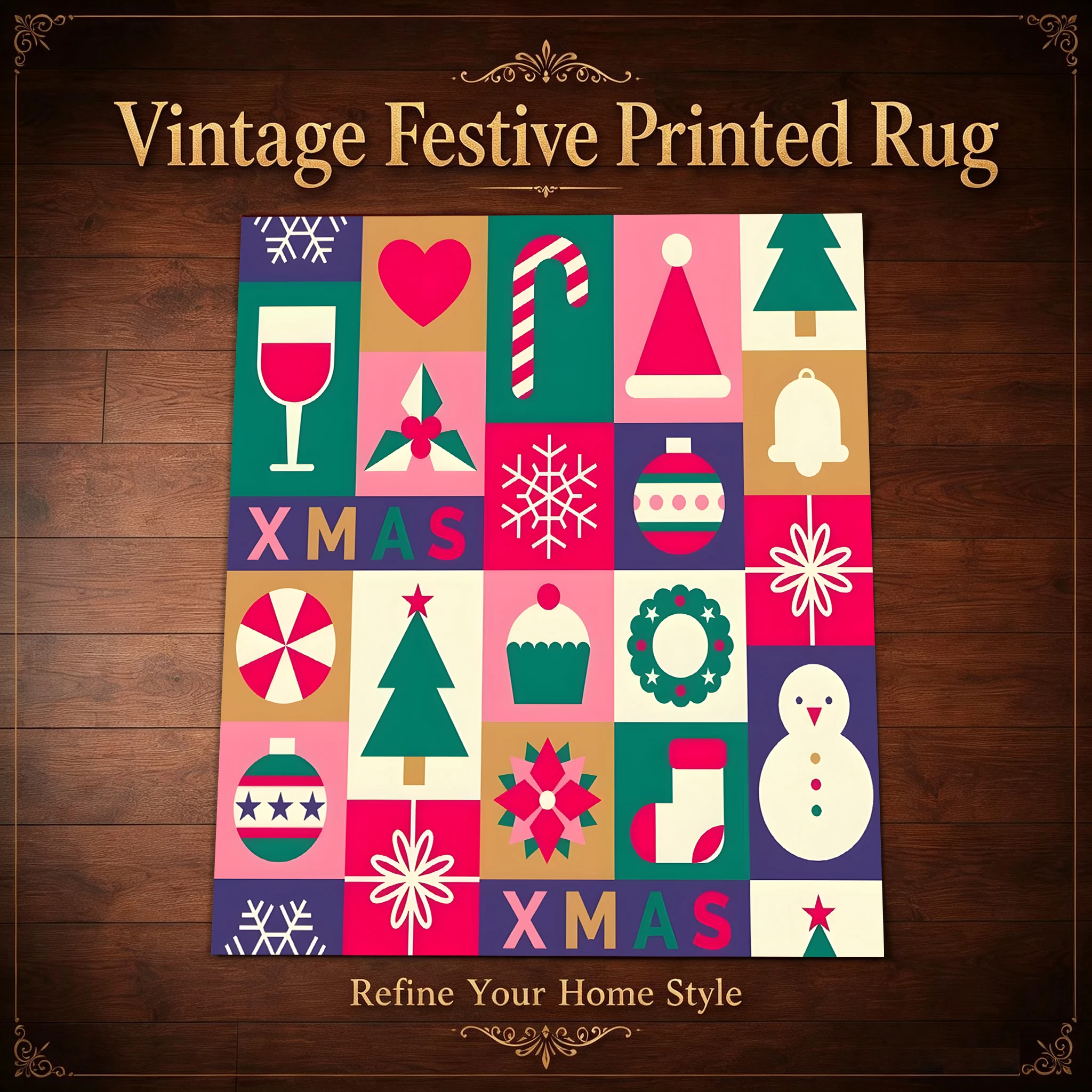 Velvet Rug Patchwork Christmas Elements Sweet Retro Style Festive Decor for Entryway Bedroom Bedside Home Ornament