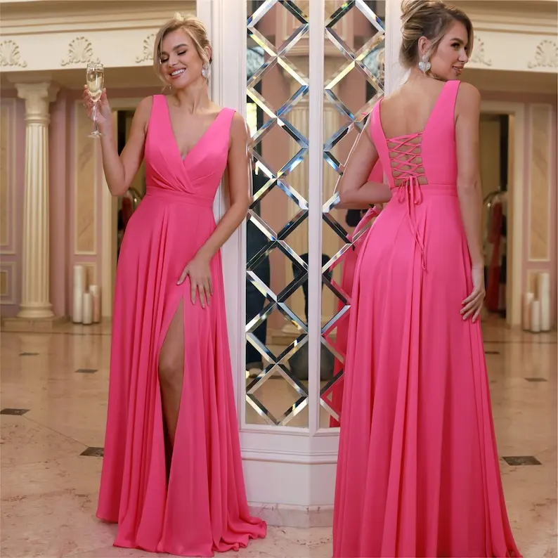 Elegantes Chiffon-Abendkleid, Korsett-Mieder, drapiert, V-Ausschnitt, Schnürung hinten, hoher Schlitz, Damenmode, elegantes Kleid