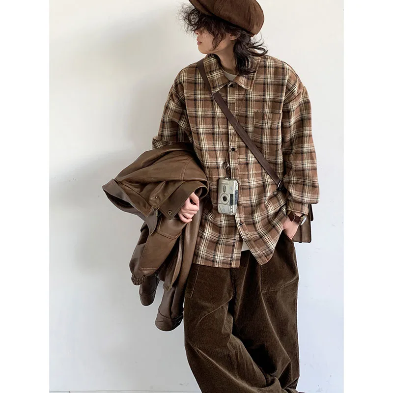 Retro Fleece Shirt Men Women Harajuku Patchwork Check Loose Cardigan Coat Japanese Casual Lapels Long Sleeves Autumn Unisex Tops