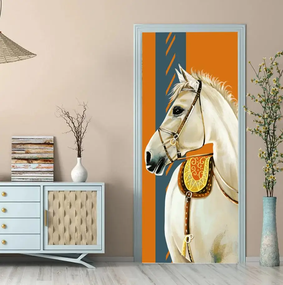 Customized Wallpaper Door Sticker Animals white horse zebras Self-Adhesive Wallpaper Porch Living Room Art Interior Mural