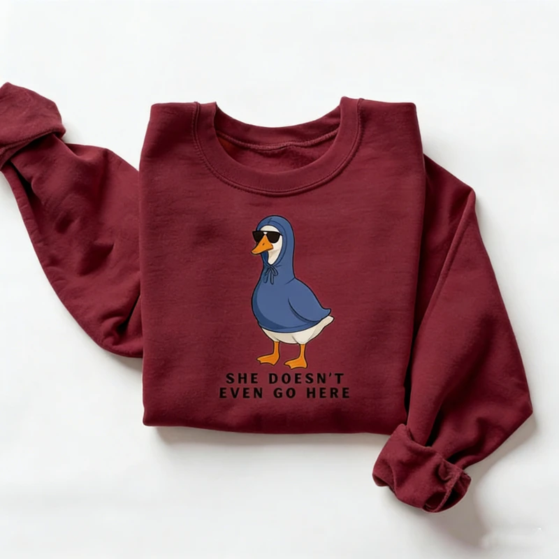 She Doesn’t Even Go Here Winter Sweatshirt Tv Series Meme Mean Girls Funny Goose Funny Animal Movie Humor Gift Matching Hoodies