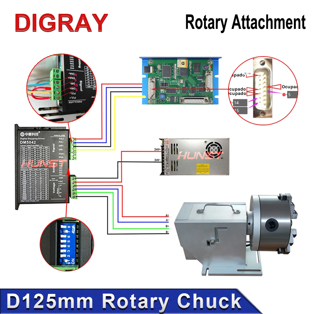 DIGRAY Rotary Worktable Chuck Diameter 125mm Rotary Attachment With Driver DM5042 for CO2 UV Fiber Laser Marking Machine