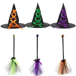 2Pcs Set Halloween Witch Hat and Broom with Flying Witch Broomstick for Kids Party Costume Accessories Stage Performance