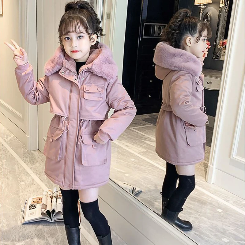 الفتيات الشتاء الدافئة أفخم سترة 5-14Y الرباط الخصر مقنعين معطف القطن مع الفراء طوق يندبروف معطف ملابس خارجية للأطفال #3