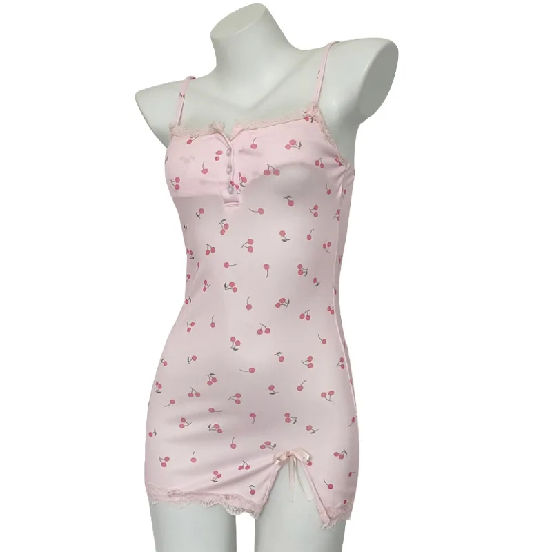Floral Print Balck Nightdress Women's Cute Fitted Mini Nightgown Lace Trim Detail Spaghetti Straps Summer Pajamas Sleepwear image 6