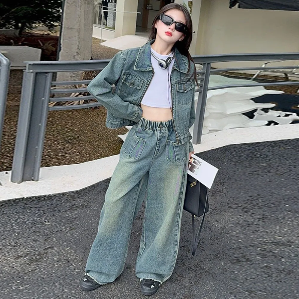 

Loose Y2K Children Cowboy Set Wide Leg Pants Teens Jeans Jacket Suit Loose Retro Girls Clothes Set Students