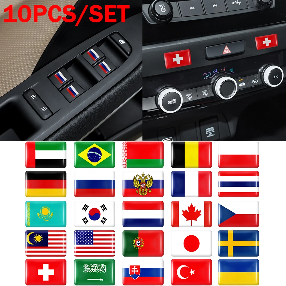 10PCS 3D Epoxy Steering Wheel Decor Sticker Car Styling Interior Decals for Brazil Slovakia India Belgium Costa Rica Flag Badge