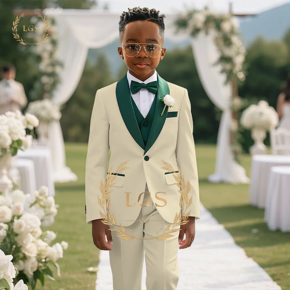 Boys Wedding Suit 3-Piece Suit-Green Collar Color Matching Elegant Little Gentleman Custom Slim Birthday Party Tuxedo image 2