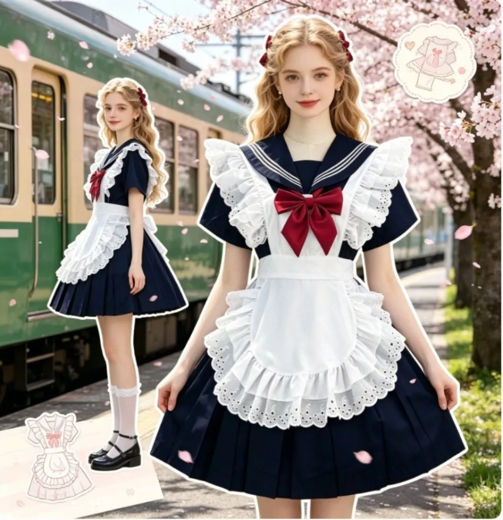 

Plus Size Japanese Cyanotic Long Sleeve Sailor Suit,JK Uniform Lolita Maid Cosplay Costume Maid Dress for Women Party Daily Wear