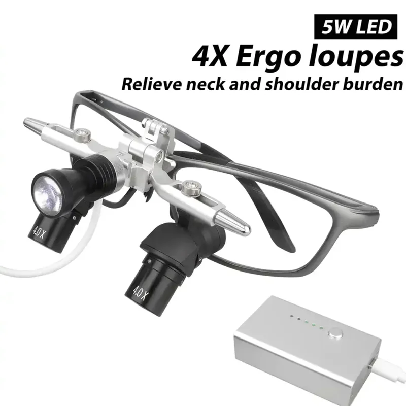 Ergo 48 ° Lupas dentales 4X 5X Lupa óptica médica con linterna frontal profesional de 5W Lupa para cirugía previene la flexión y reduce la cabeza