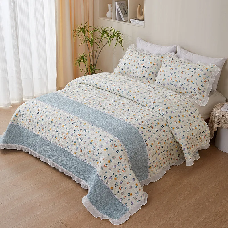 Lace Style Cotton Quilt Set 3pcs Bedspread on the Bed Padded Mattress Coverlet Queen Size Korea Floral Quilted Bed Cover Blanket