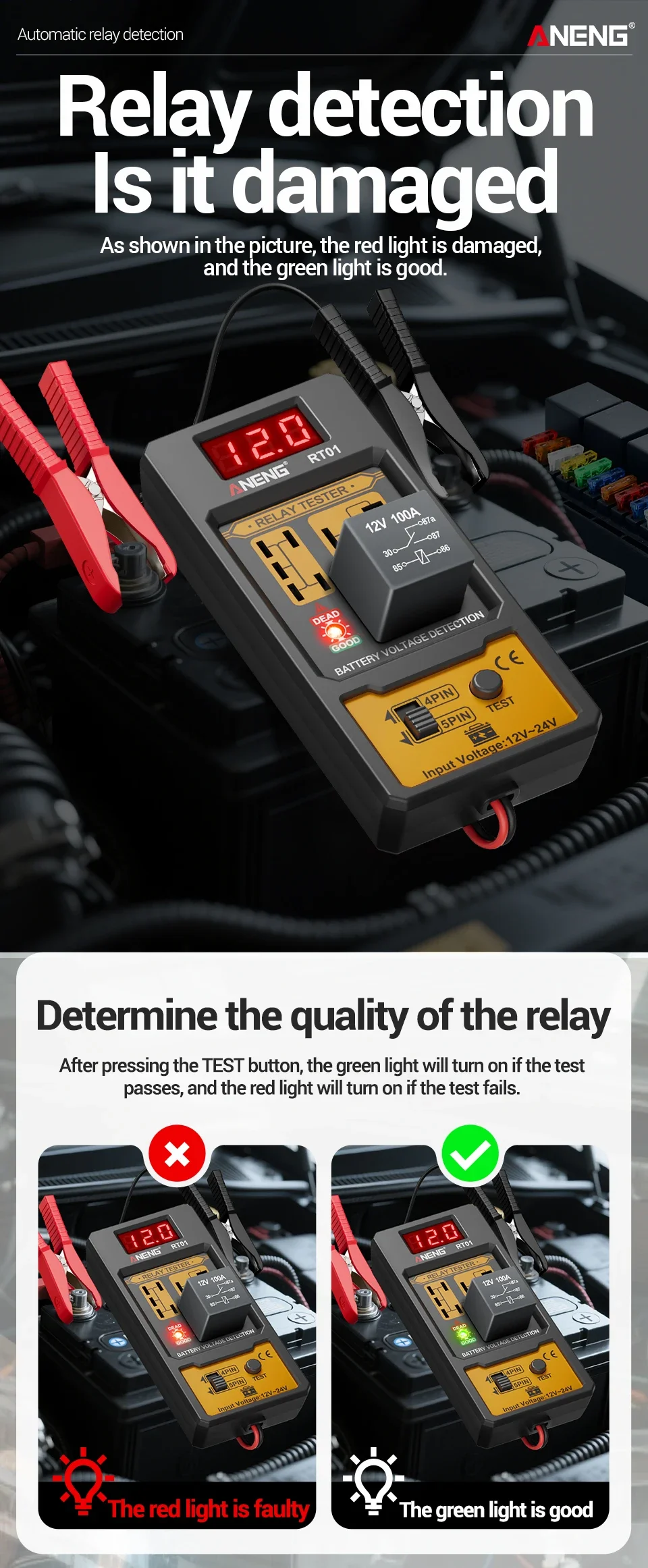 Präzisions-Detektionskit RT01 Kfz-Relais-Tester, gepaart mit BT138 Batterietester, universelles Diagnose- und Wartungswerkzeug – Detail 5