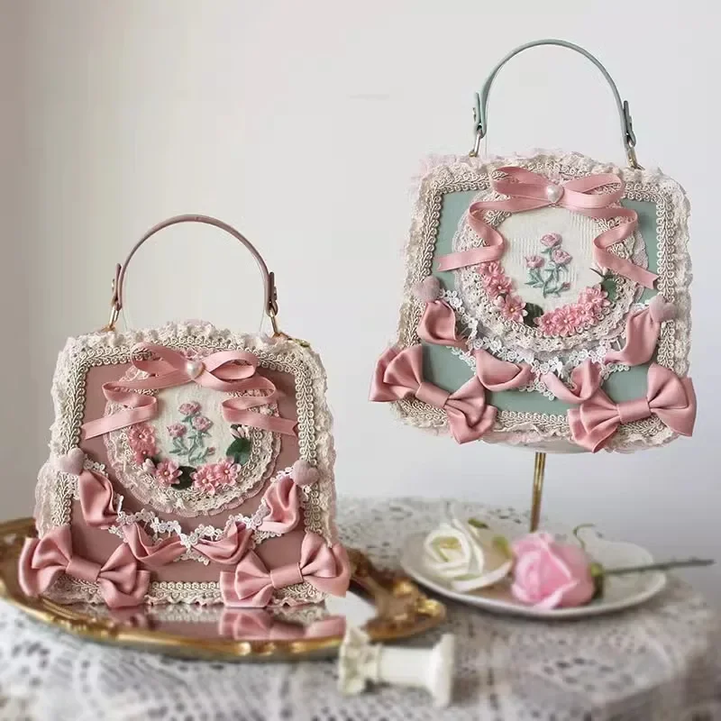 Original elegant design Lolita box bag vintage Bow Embroidered flowers Victoria handbag retro lovely messenger bag