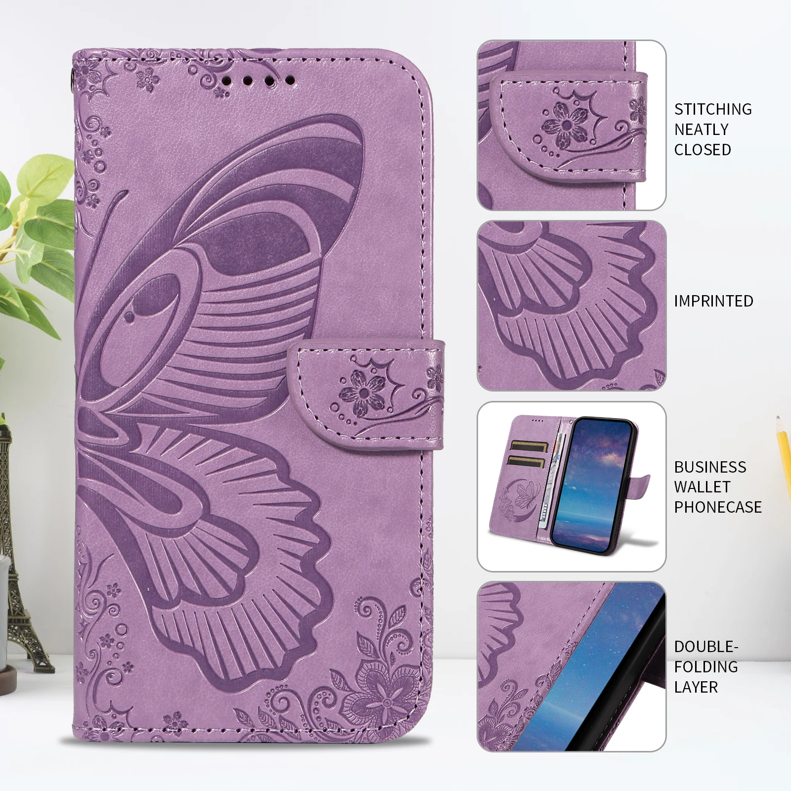 

Leather Butterfly Embossed Pattern Phone Case Comes Card Slot Small Hanging Rope For iPhone 14 15 Plus ProMax Series
