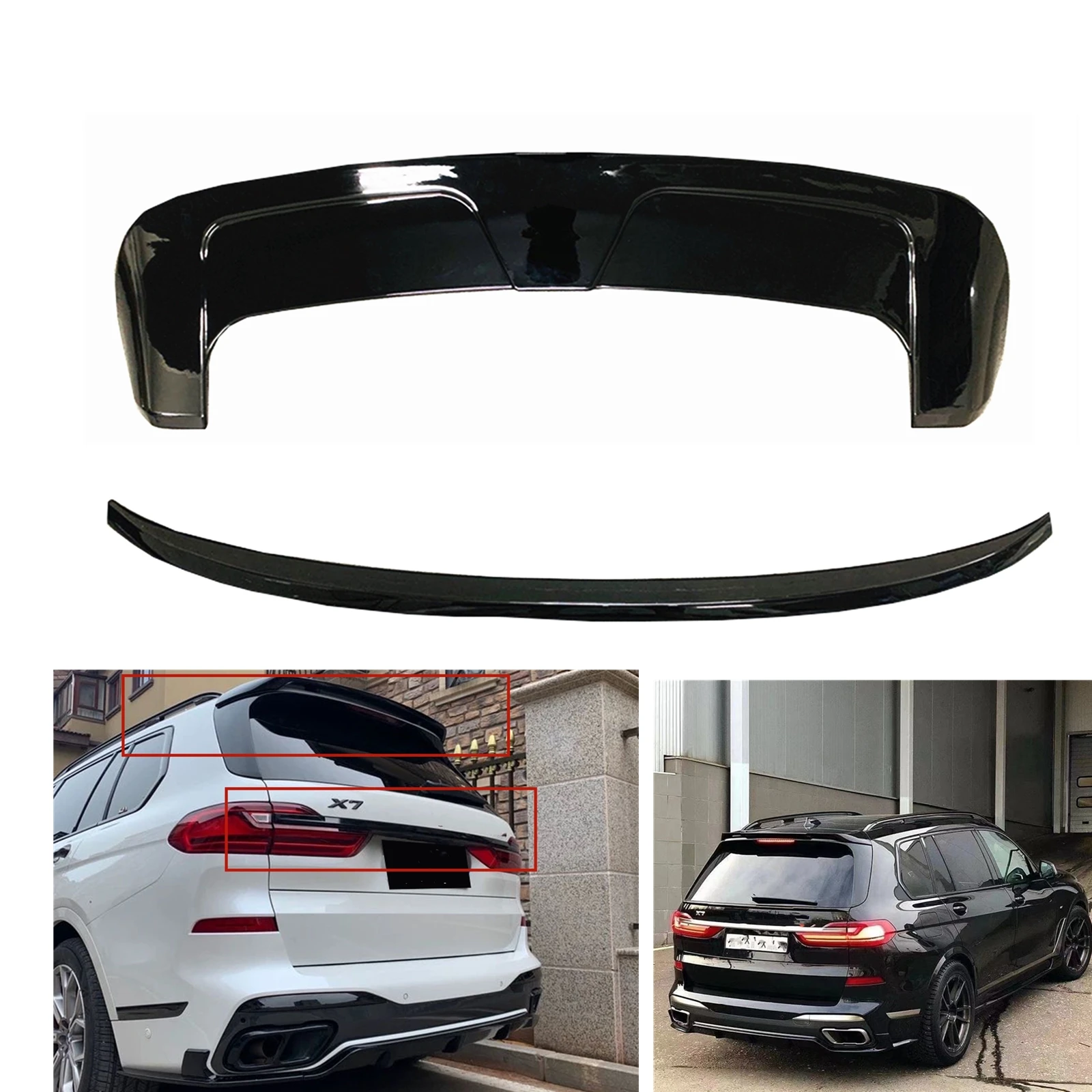 

For BMW X7 G07 2019 2020 2021 2022 2023 2024 Gloss Black/Carbon Fiber Look Rear Trunk Middle Spoiler Lip+Tail Roof Wing Splitter