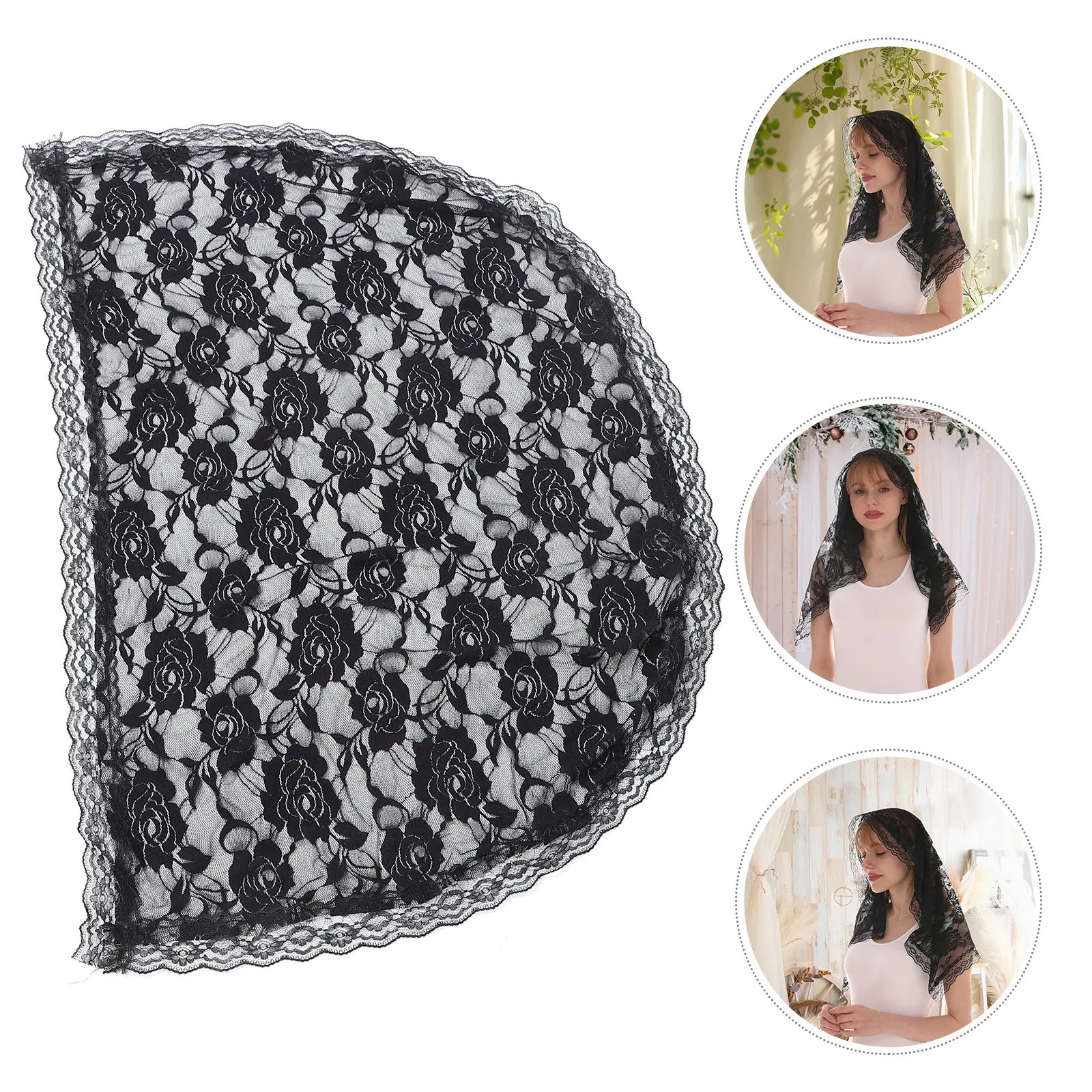Black Lace Mantilla Veil Short Elegant Floral Lace Bridal Veil Catholic Church Head Covering Wedding Accessory