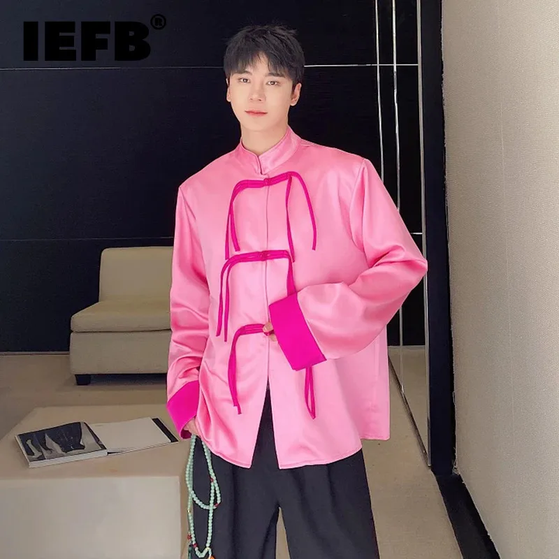 

IEFB Men's Shirts New Chinese Style Contrasting Color Stand Collar Long Sleeve Trend Frog Summer Casual Male Clothing 9C5343