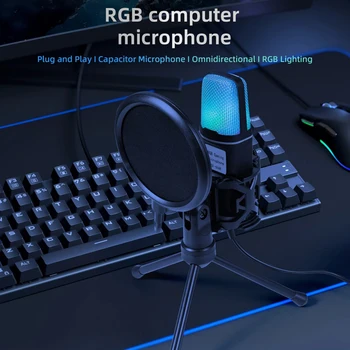 USB Wire Microphone Noise Reduction RGB Condensador Mic for Gaming Interview vvideo Video Recording Podcast Laptop Desktop Computer